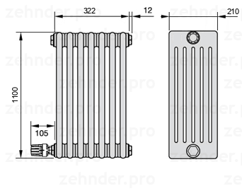 Схема (чертеж) Радиатор Zehnder Charleston 6110/7 №V003 Белый глянцевый RAL 9016